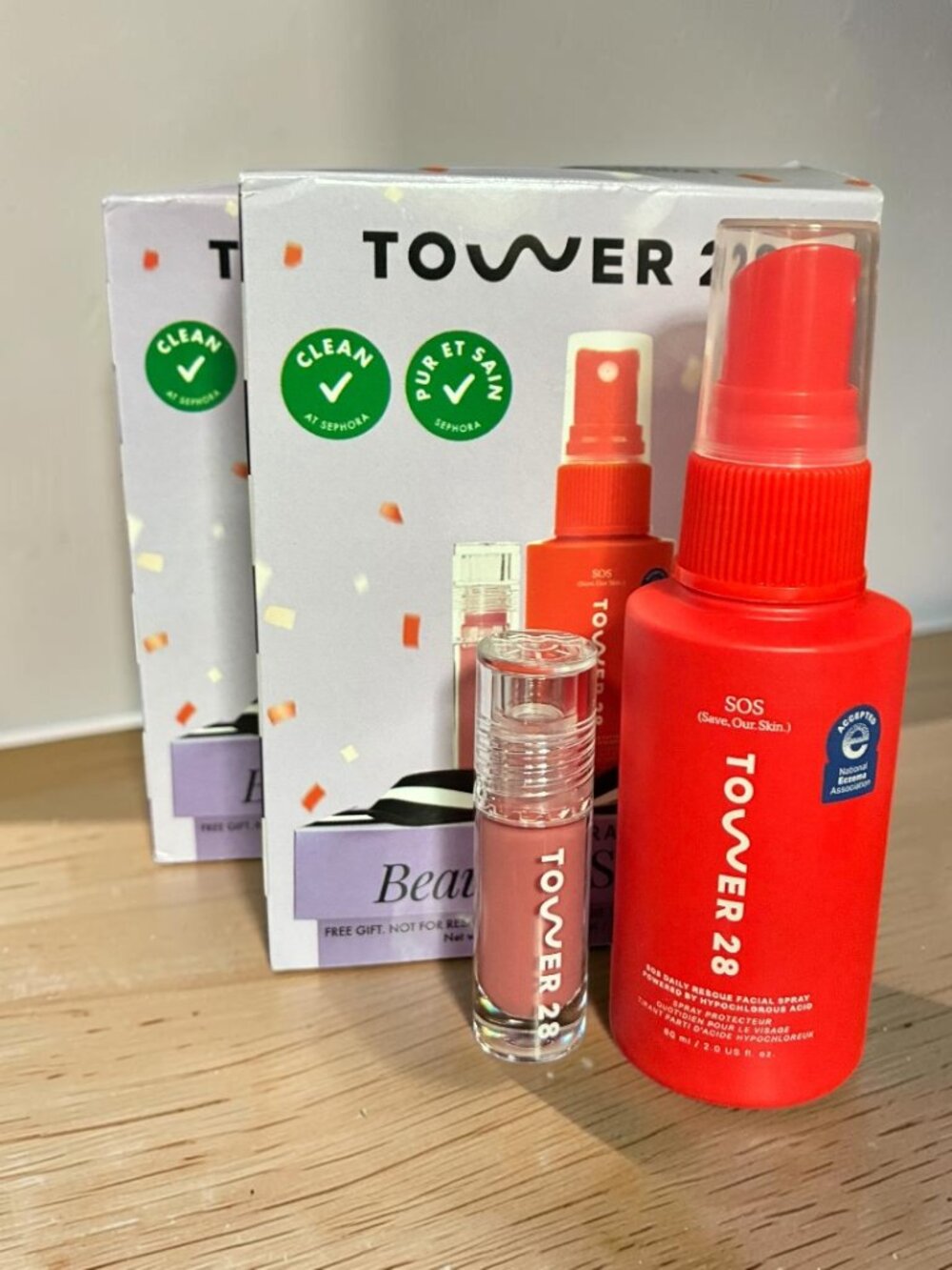Tower 28 Lip Gloss & SOS Spray Duo - Red Bottle with Pink Gloss